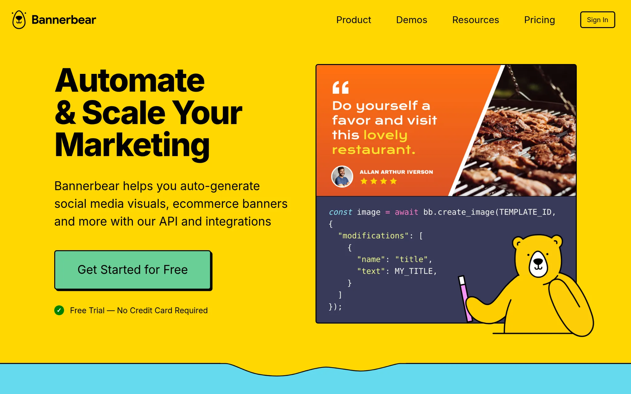 Bannerbear homepage headlined "Automate & Scale Your Marketing" with a create_image code sample and a "Free Trial - No Credit Card Required" note