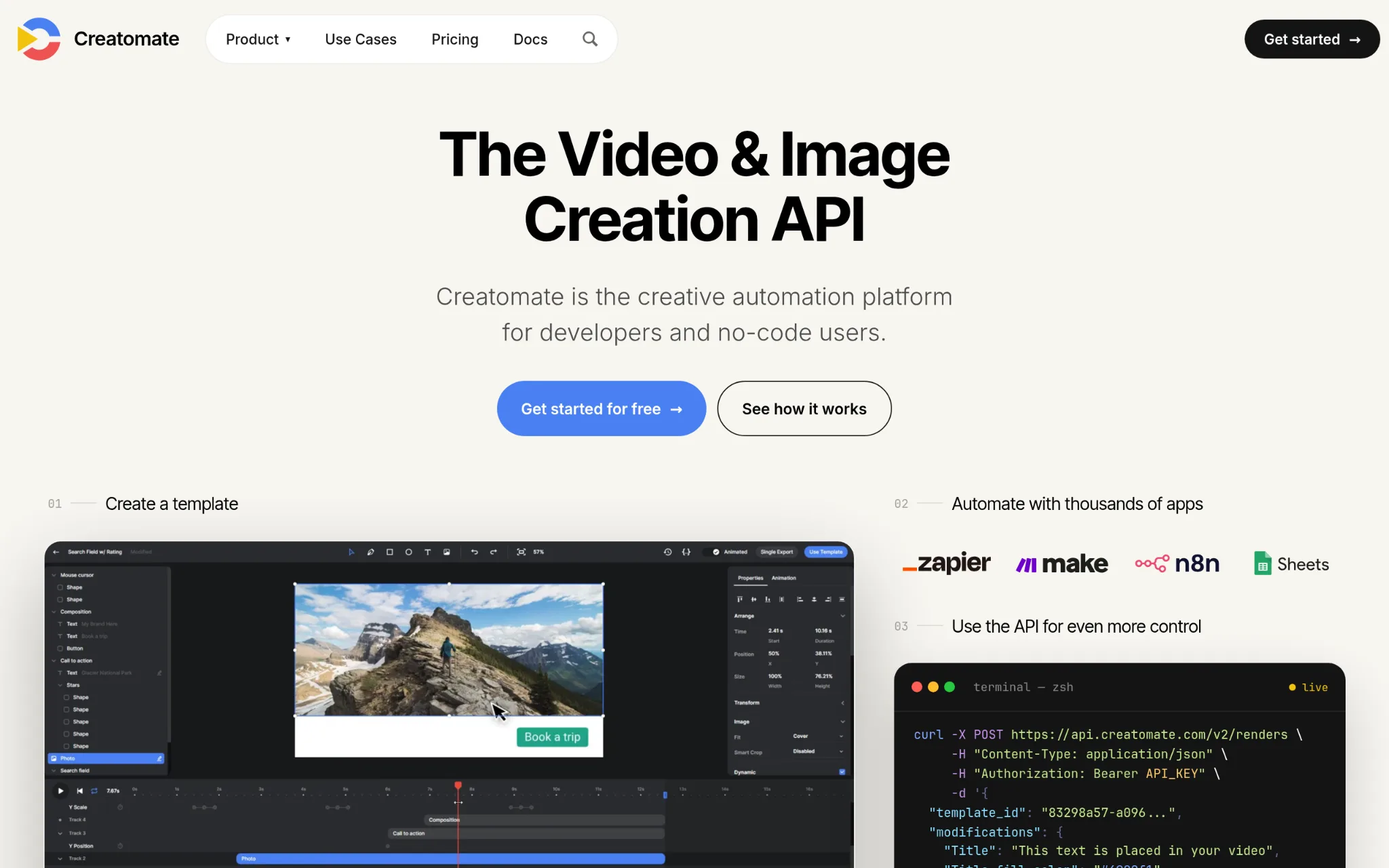 Creatomate homepage headlined "The Video & Image Creation API" showing its template editor, Zapier, Make and n8n integrations, and a curl request to its REST API