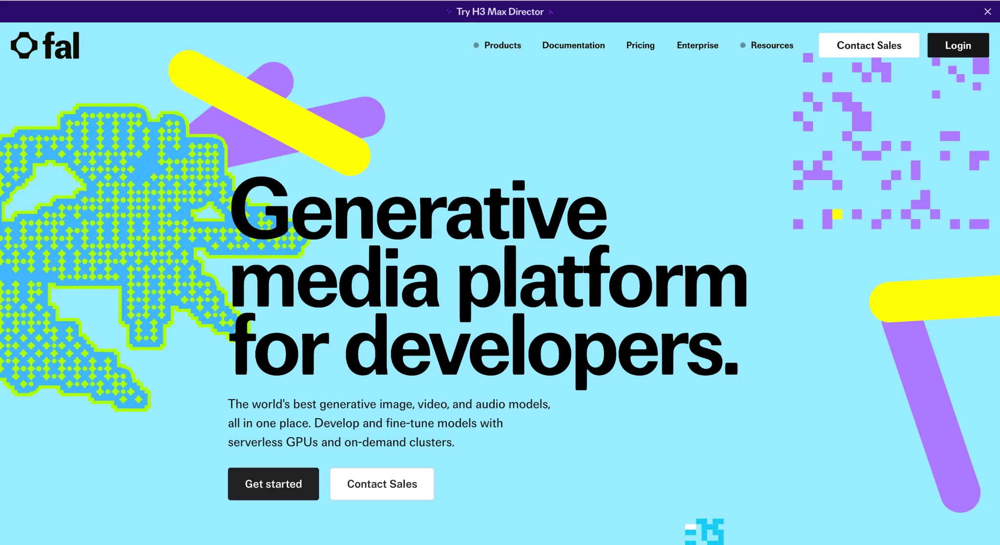 fal homepage headlined "Generative media platform for developers." with Get started and Contact Sales buttons