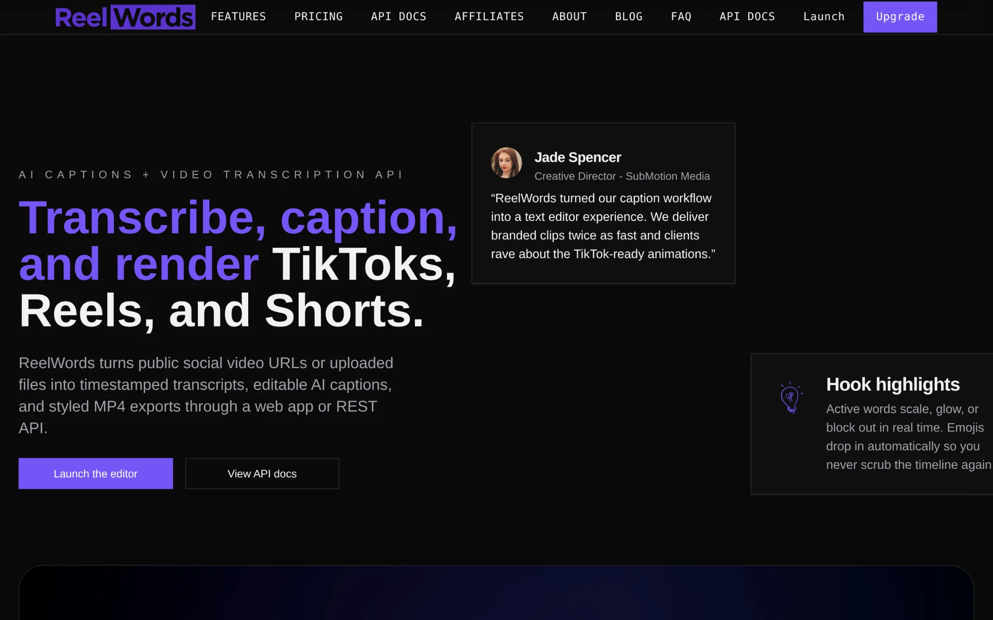 ReelWords homepage headlined "Transcribe, caption, and render TikToks, Reels, and Shorts." with Launch the editor and View API docs buttons
