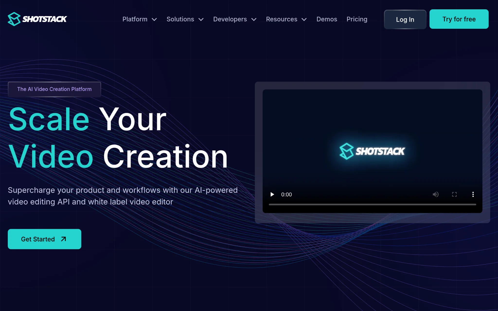 Shotstack homepage headlined "Scale Your Video Creation" describing an AI-powered video editing API and white label video editor