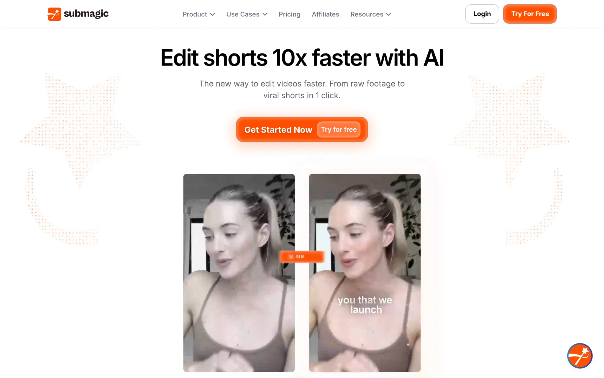 Submagic homepage headlined "Edit shorts 10x faster with AI" with a Get Started Now button and captioned short-form video frames
