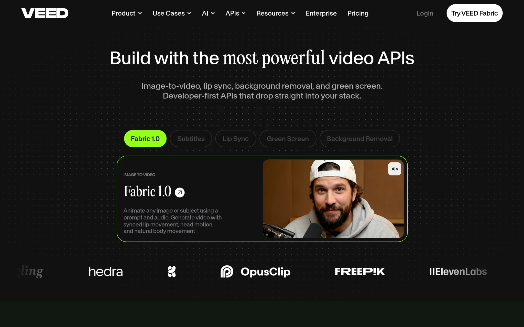 VEED API page headlined "Build with the most powerful video APIs" with tabs for Fabric 1.0, Subtitles, Lip Sync, Green Screen and Background Removal