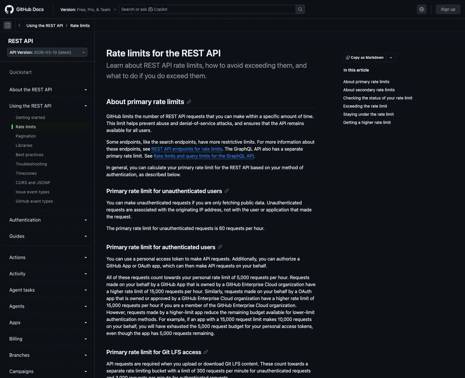 GitHub's REST API documentation confirming the primary rate limit of 5,000 requests per hour for authenticated users