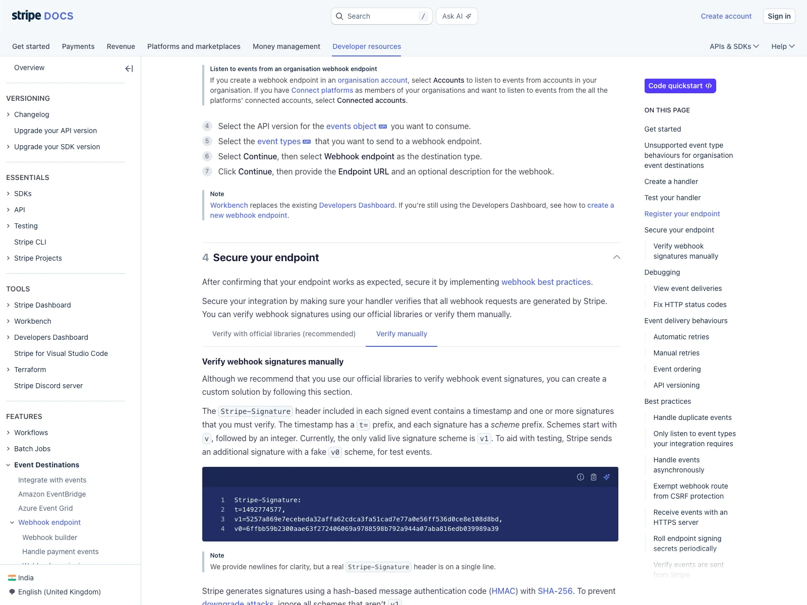 Stripe's own documentation showing the exact Stripe-Signature header format and its HMAC-SHA256 verification scheme