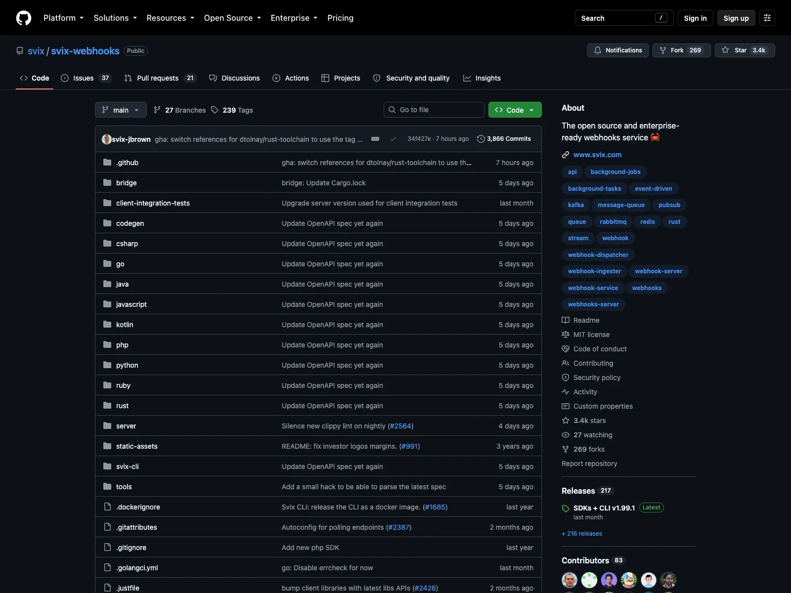 The svix/svix-webhooks GitHub repository: 3.4k stars, 269 forks, and an MIT license on the open source webhooks server