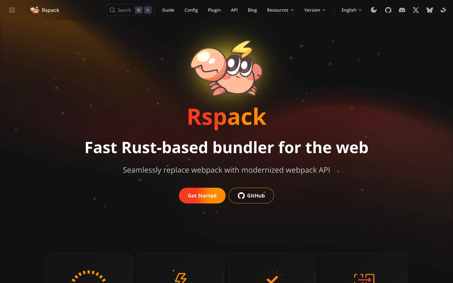 Rspack homepage headlined "Fast Rust-based bundler for the web" with the subtitle "Seamlessly replace webpack with modernized webpack API"