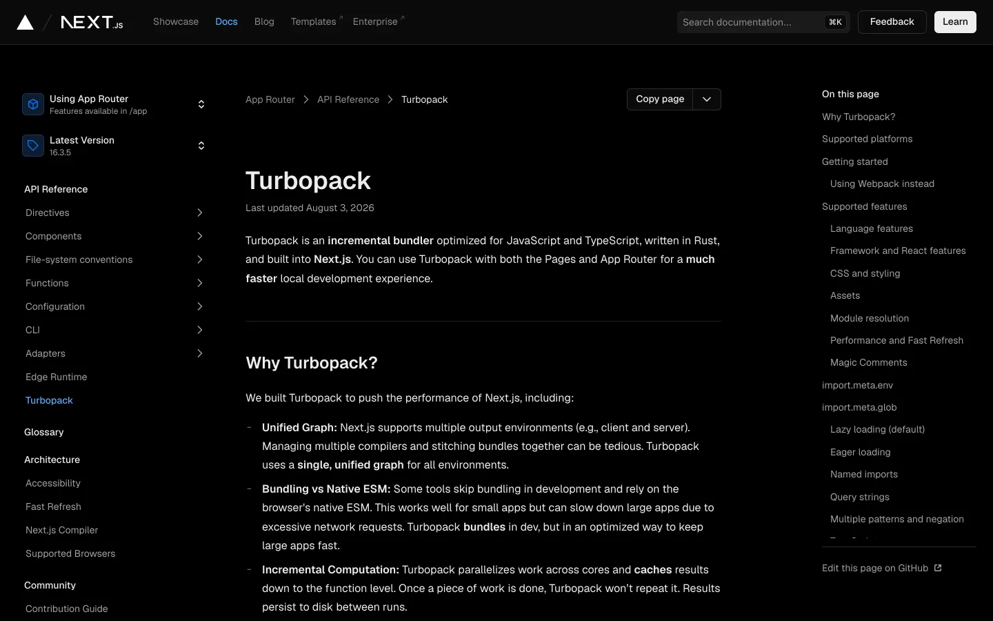 Next.js documentation page for Turbopack describing it as an incremental bundler written in Rust and built into Next.js, with Next.js version 16.3.5 in the sidebar