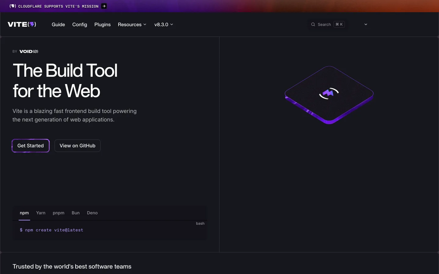 Vite homepage headlined "The Build Tool for the Web" with the version selector showing v8.3.0 and an npm create vite@latest command