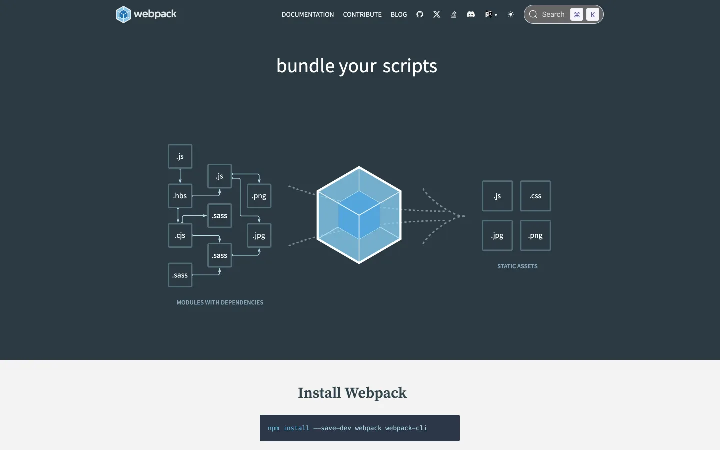 webpack homepage headlined "bundle your scripts" with a diagram showing .js, .hbs, .sass and .png modules with dependencies feeding through the webpack cube into static assets