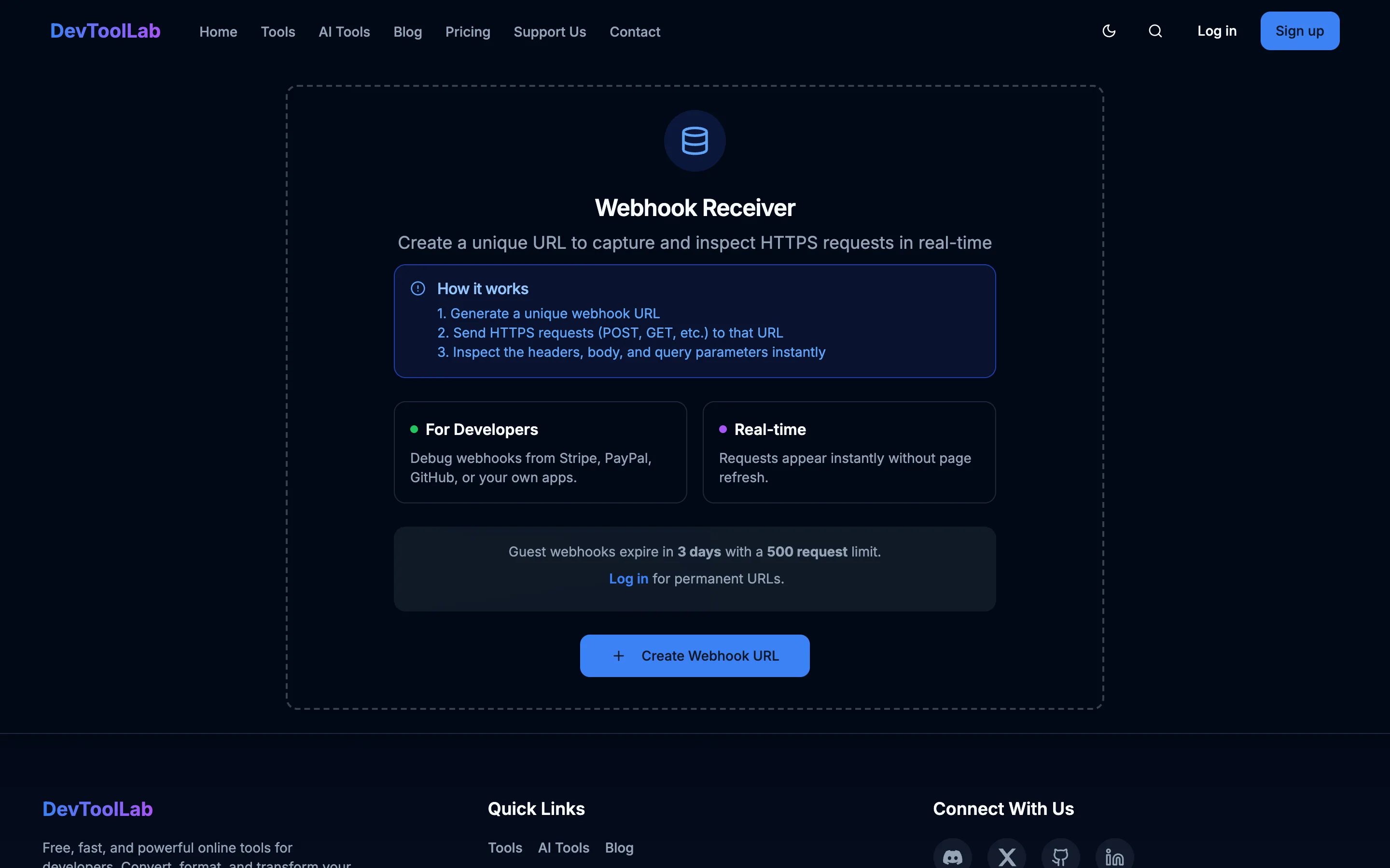 DevToolLab Webhook Receiver page headed "Create a unique URL to capture and inspect HTTPS requests in real-time", with a three-step How it works panel and a note that guest webhooks expire in 3 days with a 500 request limit