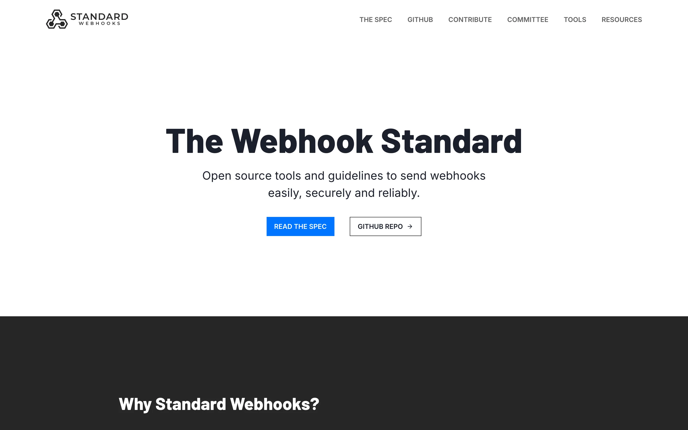 The Standard Webhooks homepage headed "The Webhook Standard" with the subheading "Open source tools and guidelines to send webhooks easily, securely and reliably" and Read the Spec and GitHub Repo buttons