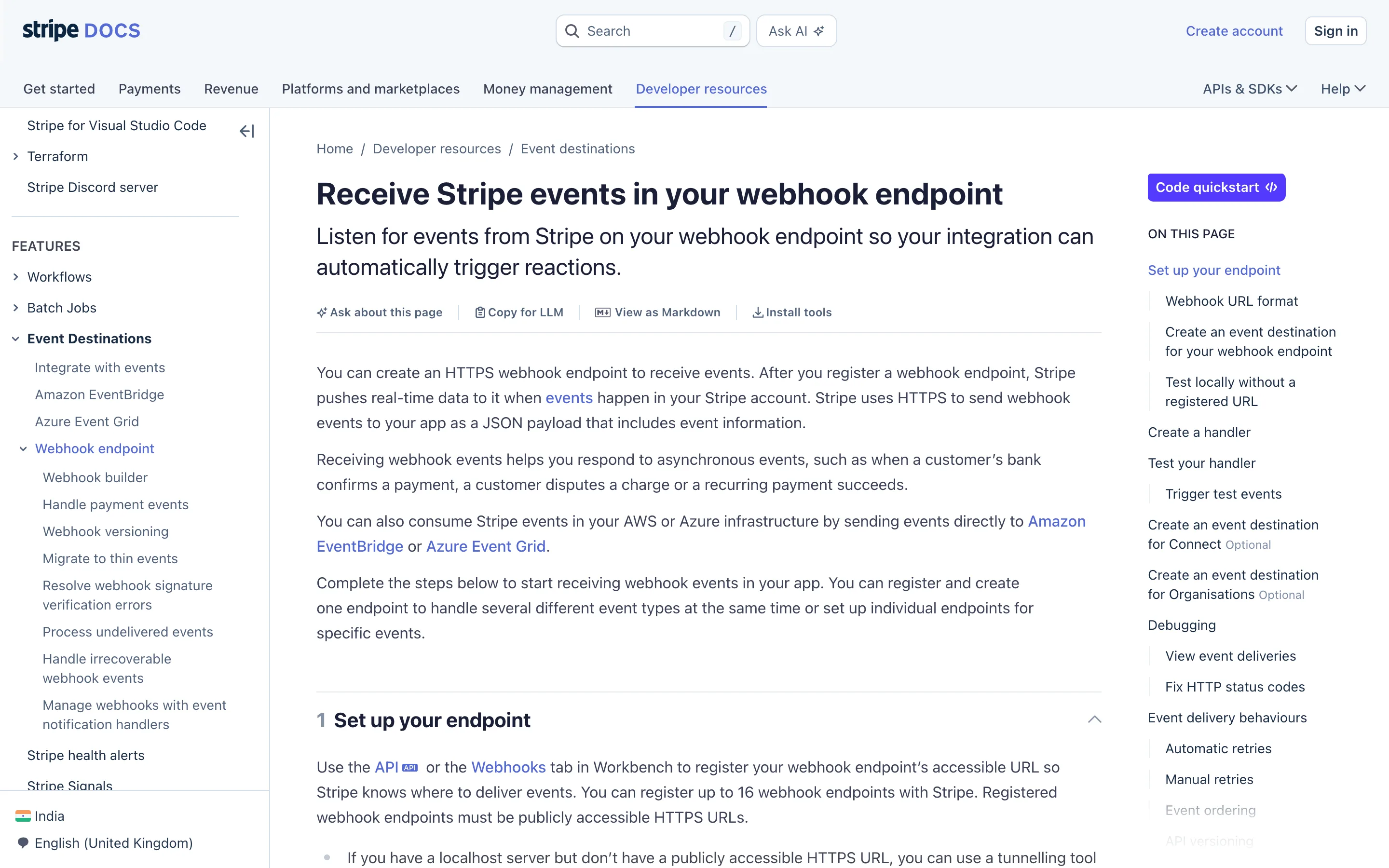 Stripe documentation page titled "Receive Stripe events in your webhook endpoint" with a sidebar listing Automatic retries, Manual retries and Resolve webhook signature verification errors