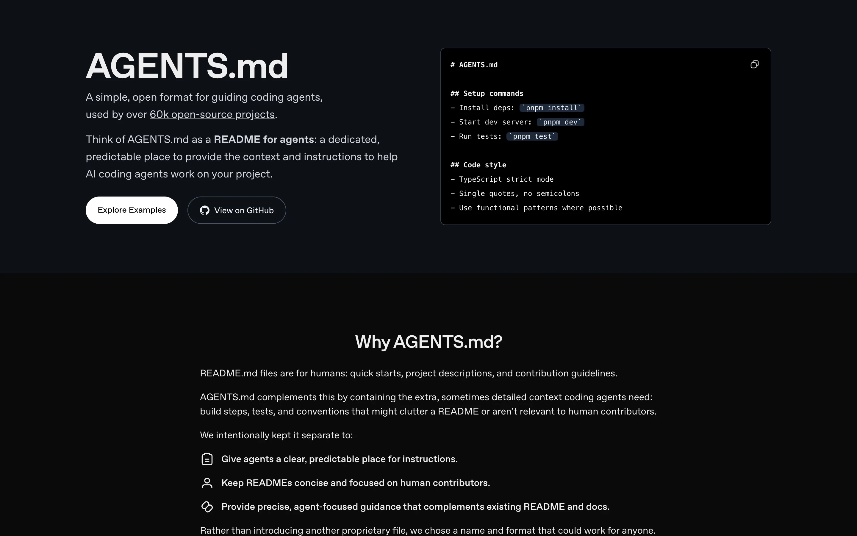 The AGENTS.md homepage headed "AGENTS.md" with the subheading "A simple, open format for guiding coding agents, used by over 60k open-source projects" and a sample file showing Setup commands and Code style sections