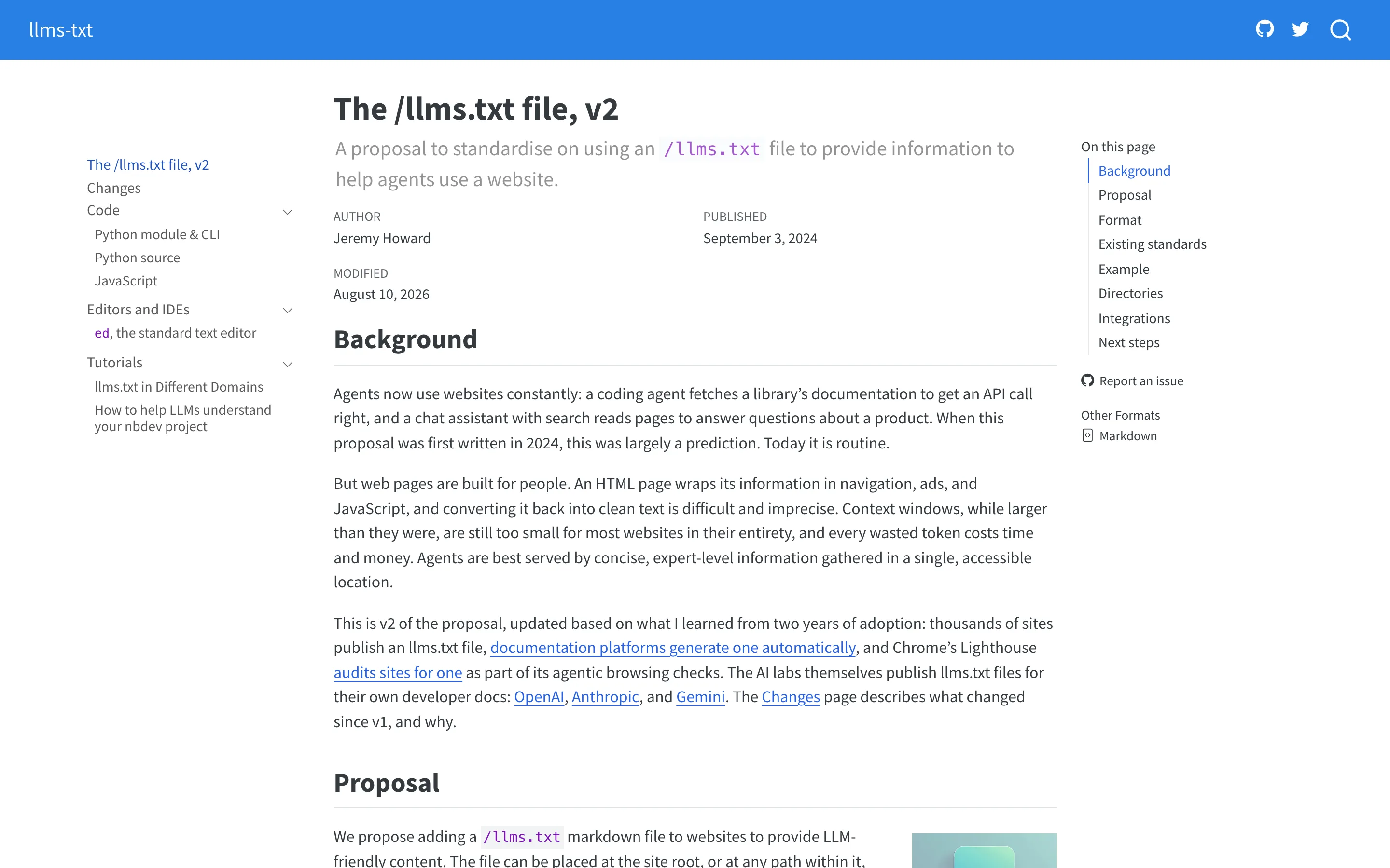 The llmstxt.org page titled "The /llms.txt file, v2" by Jeremy Howard, published September 3 2024 and modified August 10 2026, describing a proposal to standardise on an /llms.txt file to help agents use a website