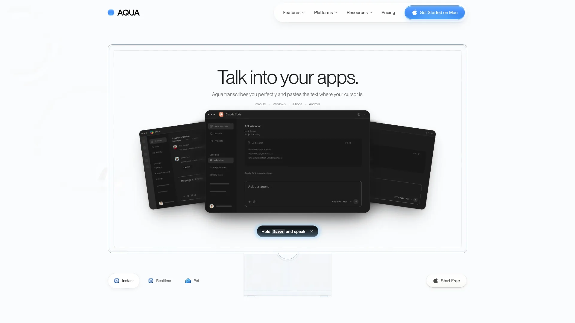 Aqua Voice homepage with the headline Talk into your apps, a Claude Code window on a monitor, and a Hold Space and speak prompt