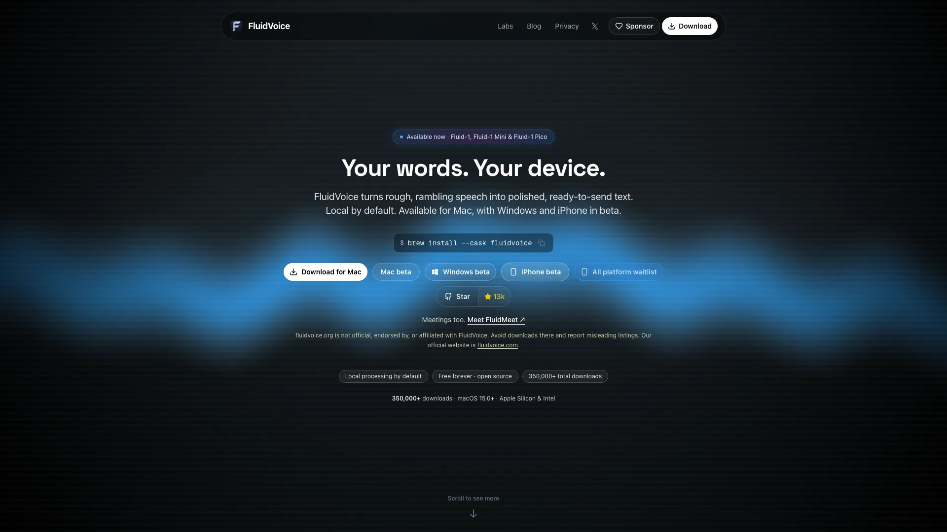 FluidVoice homepage with the headline Your words. Your device., a brew install command, and download buttons for Mac, Windows beta and iPhone beta
