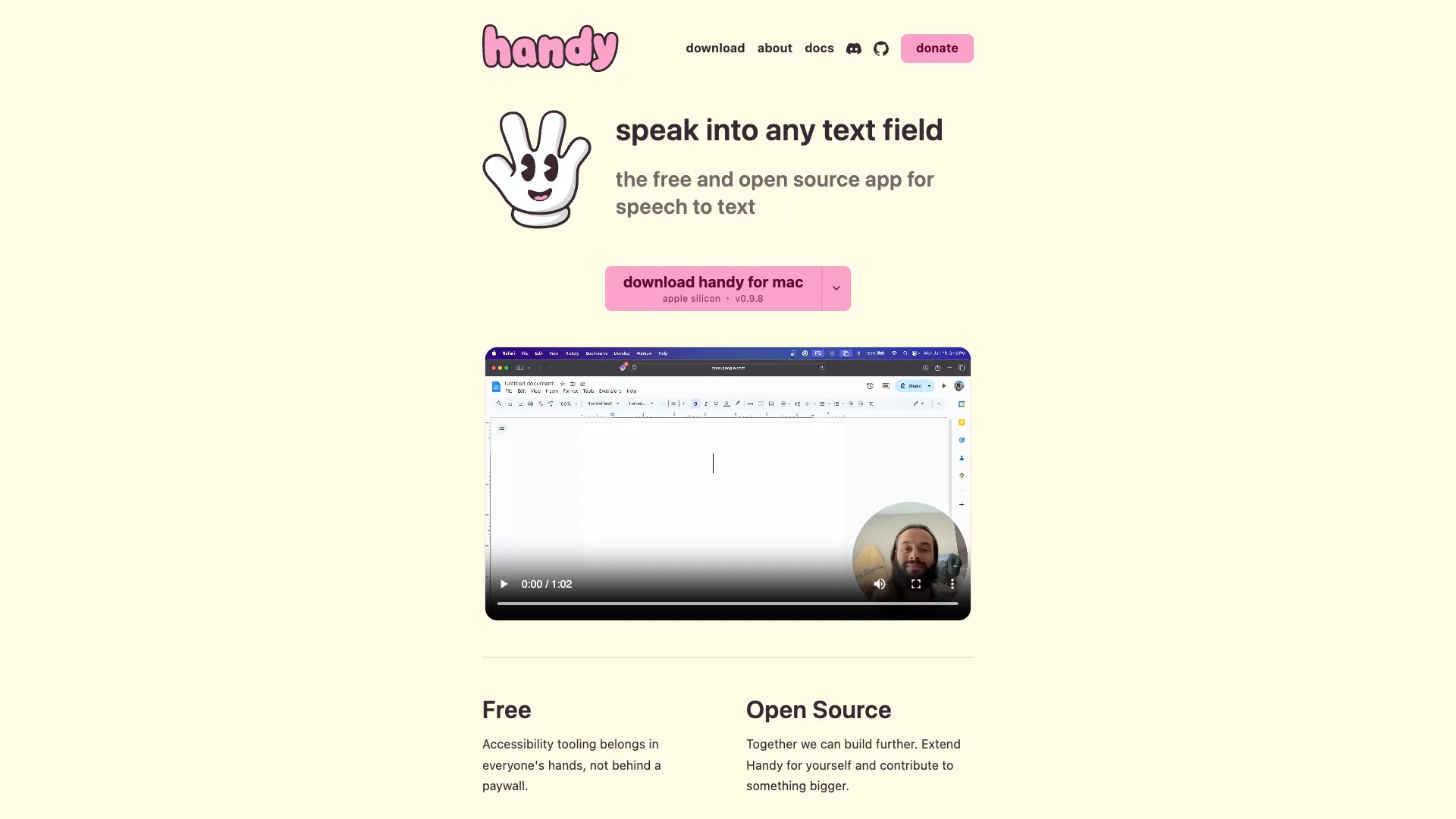 Handy homepage with the tagline speak into any text field, a download handy for mac button for Apple silicon v0.9.8, and Free and Open Source columns