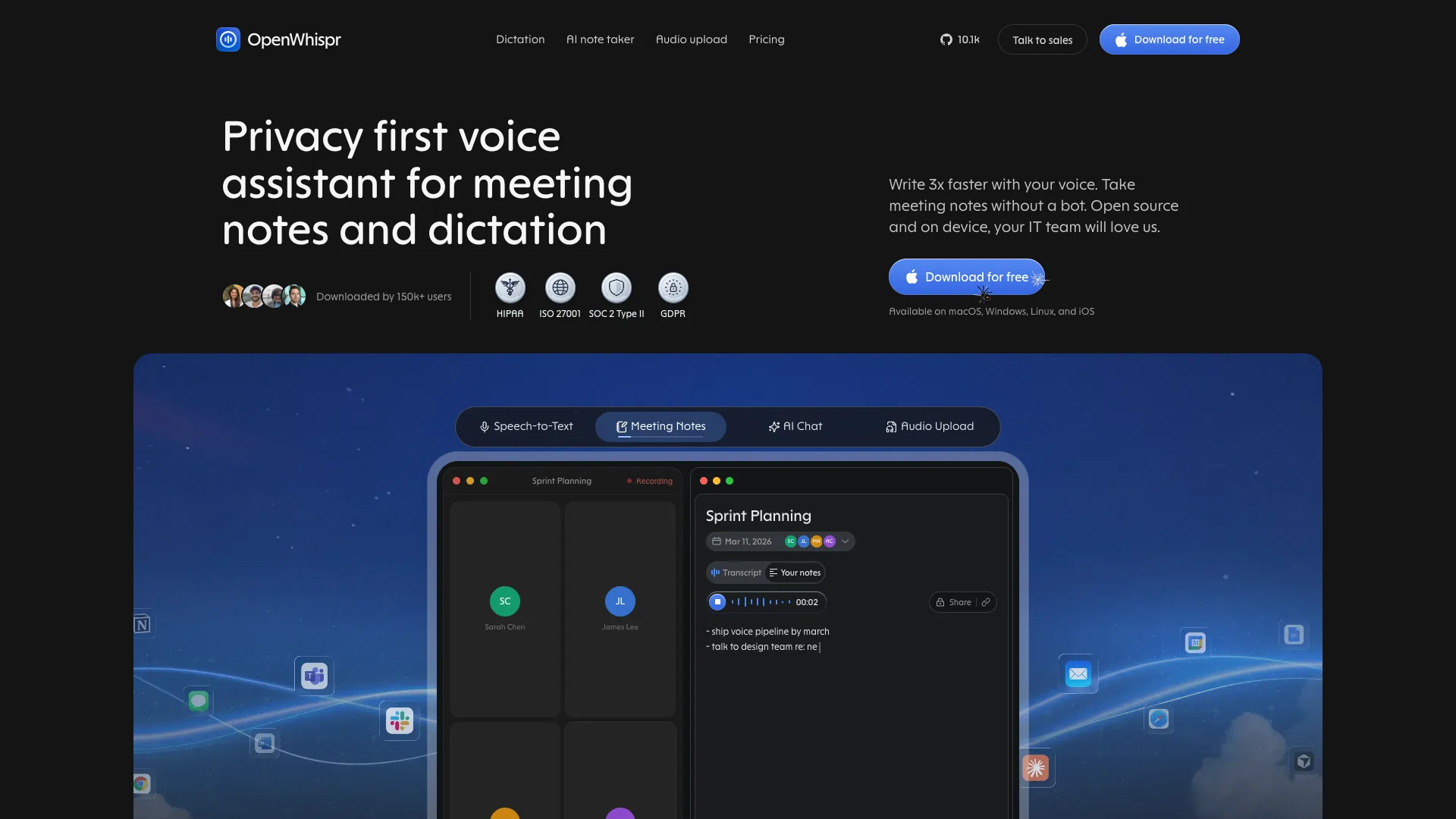 OpenWhispr homepage with the headline Privacy first voice assistant for meeting notes and dictation and a Download for free button