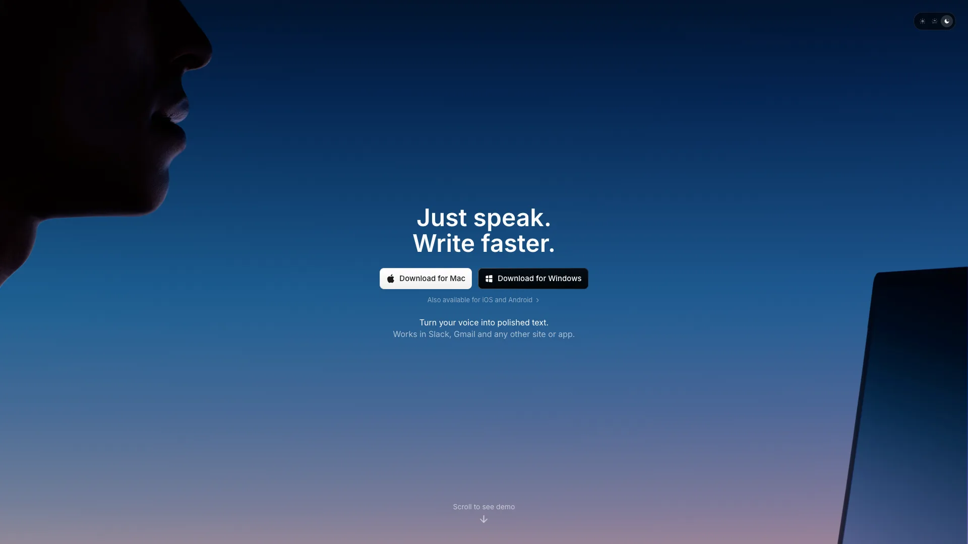 Superwhisper homepage with the headline Just speak. Write faster. and buttons to download for Mac and for Windows