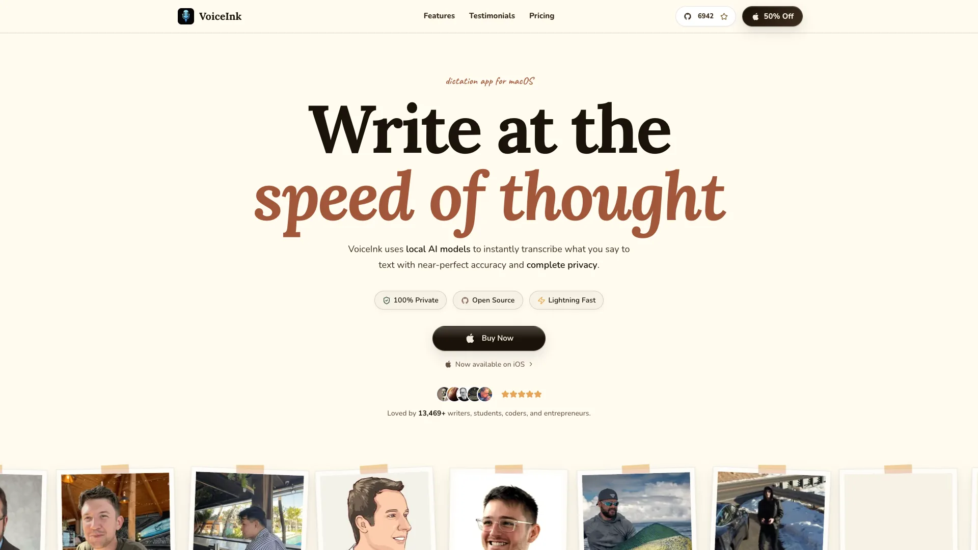 VoiceInk homepage with the headline Write at the speed of thought, badges for 100% Private, Open Source and Lightning Fast, and a Buy Now button