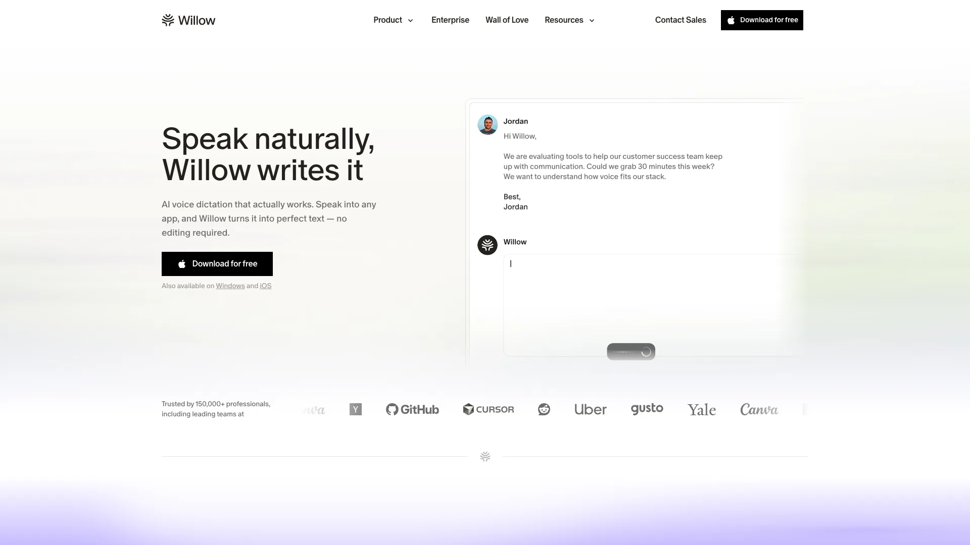 Willow homepage with the headline Speak naturally, Willow writes it, a Download for free button and a row of customer logos including GitHub and Cursor