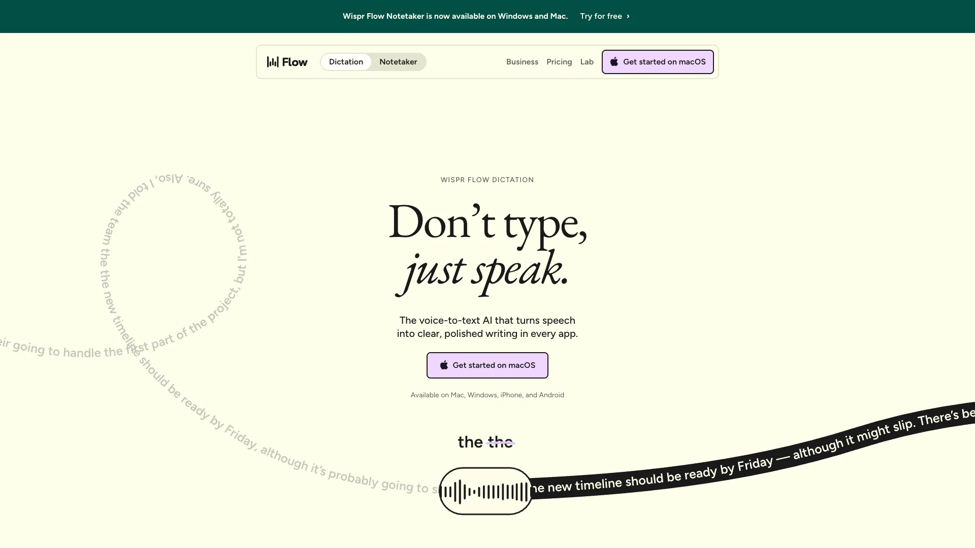 Wispr Flow homepage with the headline Don't type, just speak., a Get started on macOS button and a note that it is available on Mac, Windows, iPhone and Android